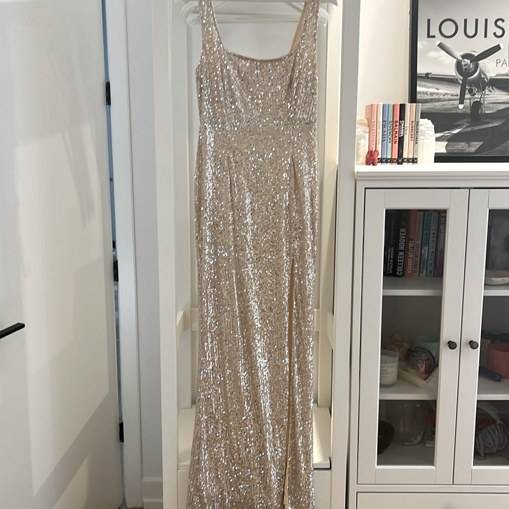 Club L London Sequin Dress ROSE GOLD SEQUIN SQUARE NECK SPLIT FRONT MAXI DRESS
